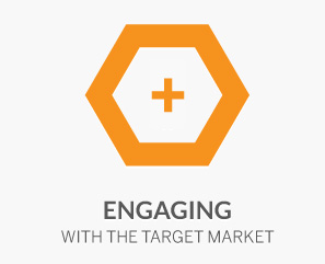 An orange hexagon outline with a plus sign in the center, positioned above the text "ENGAGING WITH THE TARGET MARKET" in gray capital letters.