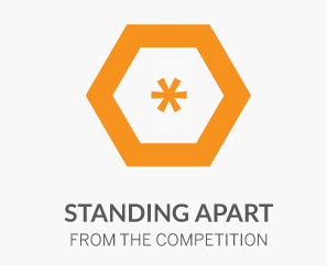 An orange hexagon outline with a six-pointed asterisk symbol in the center, positioned above the gray text "STANDING APART FROM THE COMPETITION.