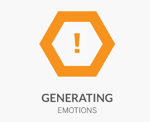 An orange hexagon outline containing an exclamation point, centered above the text "GENERATING EMOTIONS" in gray.