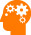 An orange silhouette of a human head in profile with three interlocking white gears positioned inside the brain area.